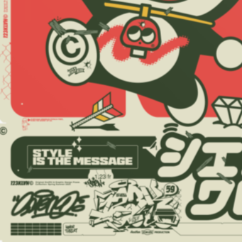 DETAIL Street art Doraemon poster by 123KLAN, Japanese pop culture graffiti design held by model
