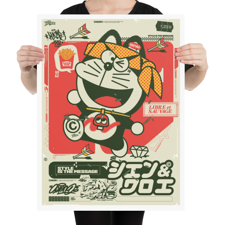 Street art Doraemon poster by 123KLAN, Japanese pop culture graffiti design held by model 50 X 70CM IKEA FRAME 