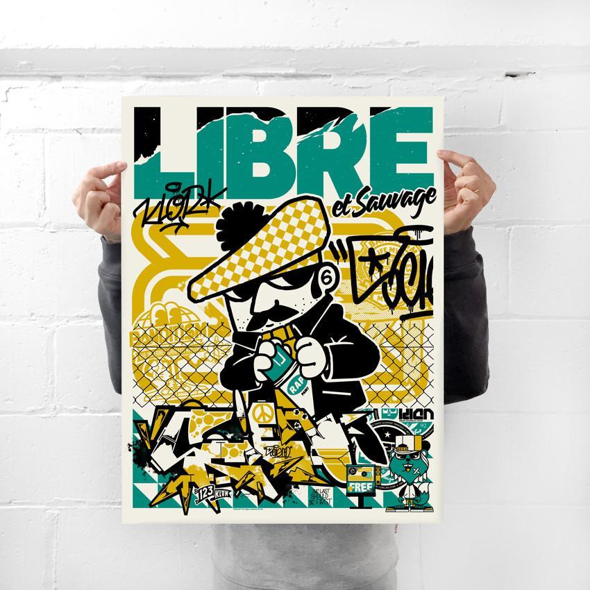 ART PRINT LIBRE ET SAUVAGE TURQUOISE AND YELLOW - 123klan 123klan graffiti art